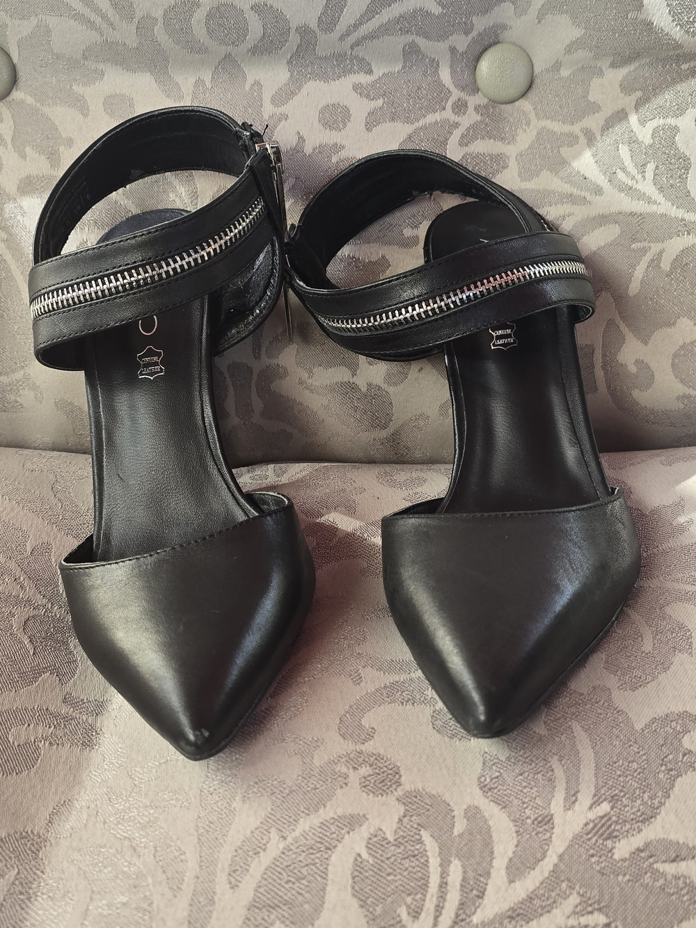 Black Pointed-Toe Ankle-Strap Heels with Zipper Accent